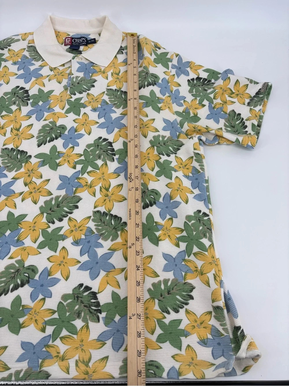 Chaps Ralph Lauren Polo Shirt Mens XL Ribbed Knit Hawaiian Flower Floral Vintage